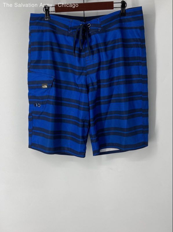 The North Face Mens Blue Black Striped Swim Board Shorts Bottom Size 36
