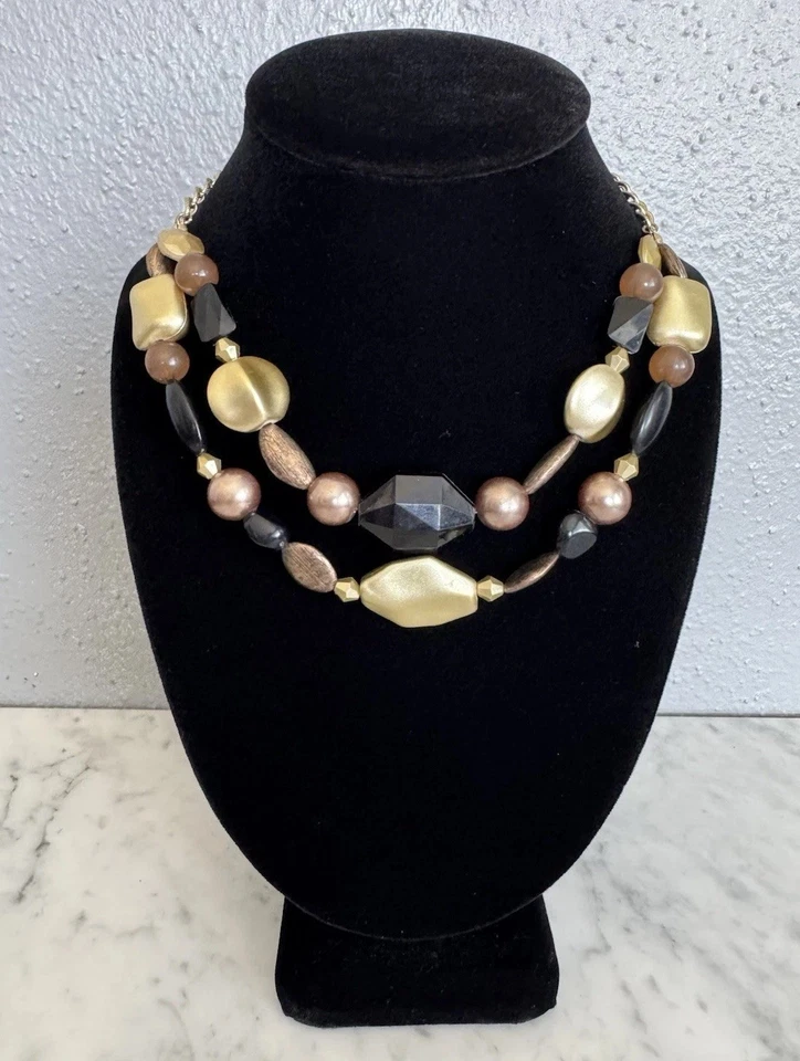 NY&Co. Gold Tone Double Strand Chunky Faux Stone Beaded Choker Necklace 15" - Image 2 of 4