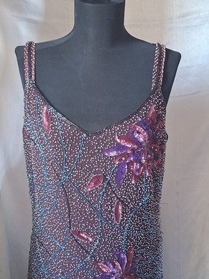 Wallis Heavy Beaded Cocktail Dress Burgundy Sequin Floral Party Evening M