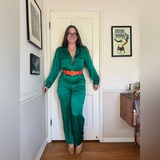 80s Vintage Green Silk Jumpsuit Sz M