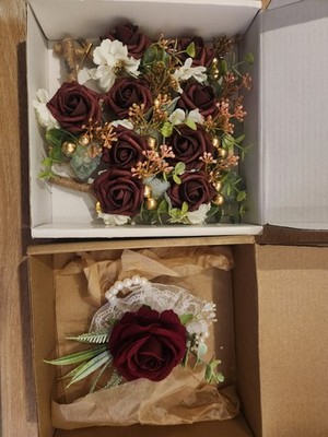 Artificial Burgundy Rose Boutonnière Set Wedding Floral Arrangement, Fabric Silk