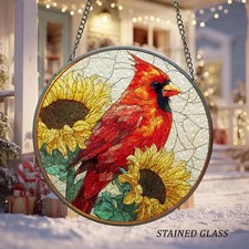 Cardinal Sunflower Suncatcher Glass Window Decor Art Gift Bird Flower