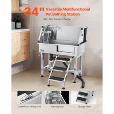 34 Inch Stainless Steel Dog Washing Station, Pet Grooming Tub with Hot & Cold Fa