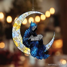 Grim Reaper Crescent Moon Acrylic Suncatcher, Gothic Skeleton Reading Book decor