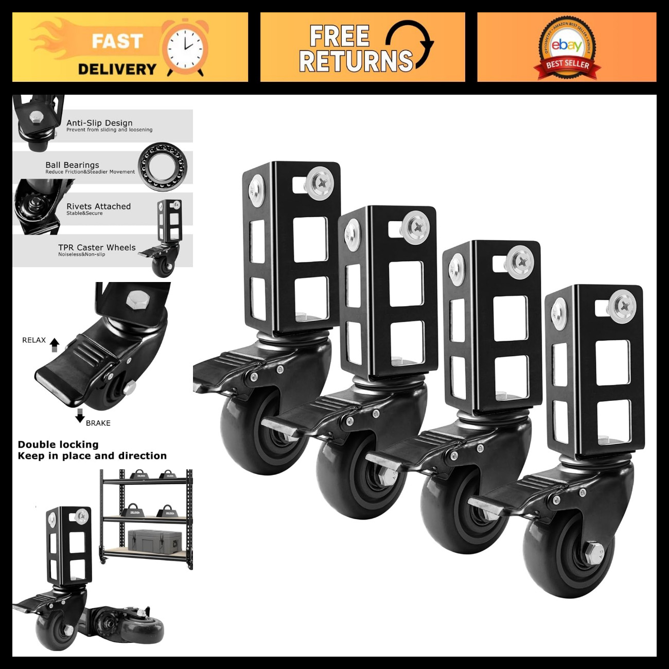 4PCS 3" Heavy Duty Locking Caster Wheels for Storage Racks & Shelves, 500LB Capa