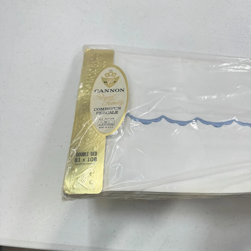 vintage cannon flat sheet double white scalloped cotton mcm retro 70s NOS - Image 3 of 4