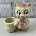 Shawnee Pottery Planter Beige Barrel Girl Pig Pink Bow Vintage USA