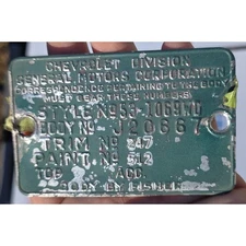 Vintage 1953 Chevrolet Bel Air Body Plate Tag ST L K LENG58-106840 J20667