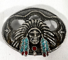Vtg Native American Chief Head Buffalo Nickel Belt Buckle USA Turquoise Coral