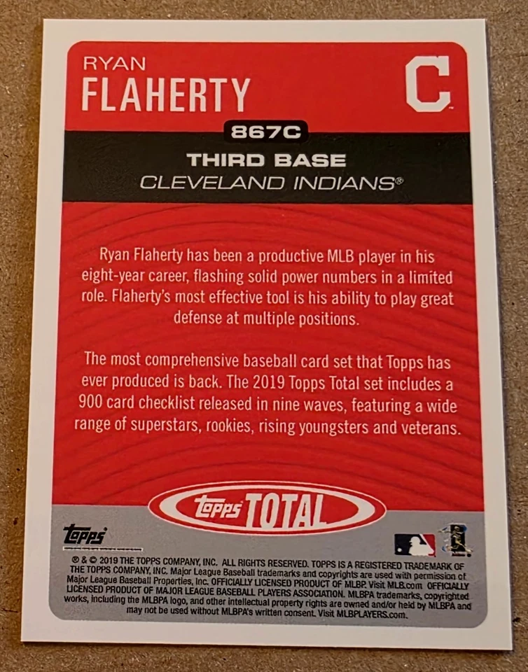 2019 Topps Total #867C Ryan Flaherty Gold Parallel 1/1 Made - Indians Guardians - Image 2 of 2