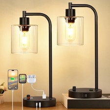 Set of 2 Industrial Table Lamps with USB C A Ports and Outlet, Fully Stepless...