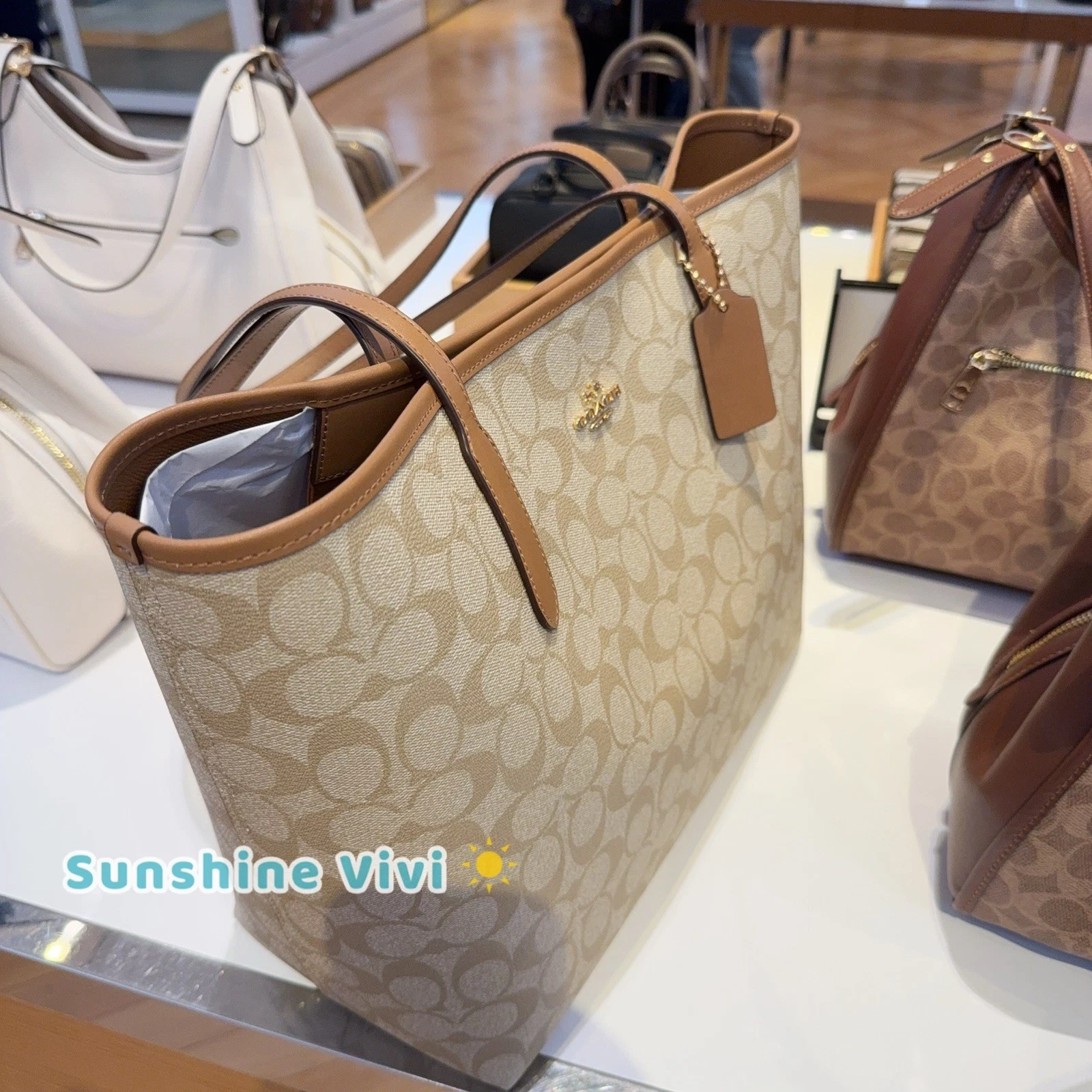 Sella Coach City Tote nuova con etichette in tela kaki chiaro firmata bordo in pelle 5696