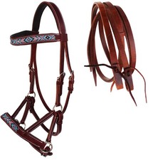 Horse Western Black Leather Beaded Bitless Padded Sidepull Bridle Reins 77RS20