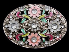 MF03116 GREAT  CRYSTAL COVERED FLORAL DESIGN  ART/FASHION BELT BUCKLE