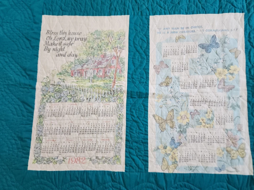 Vintage Linen Calendar Towel Quilt Farmhouse 1960s-1990s Full Queen 92x85" - Image 2 of 4