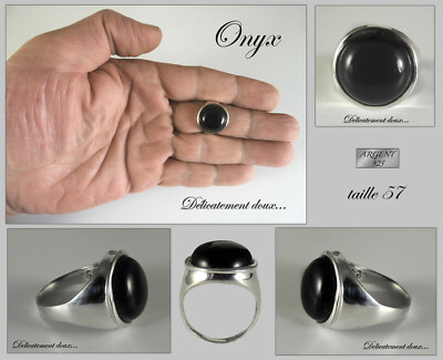 Bague En Argent Massif Avec Cabochon D'onyx – Contour Feuilles, Taille 59 – Bijou Vintage Occasion