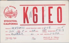 amateur ham radio QSL postcard K6IEO Philip E Trau 1955 Stockton California
