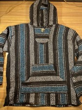 Traditional Mexican Baja Pullover With Pocket Size Large Blue And Black Serape