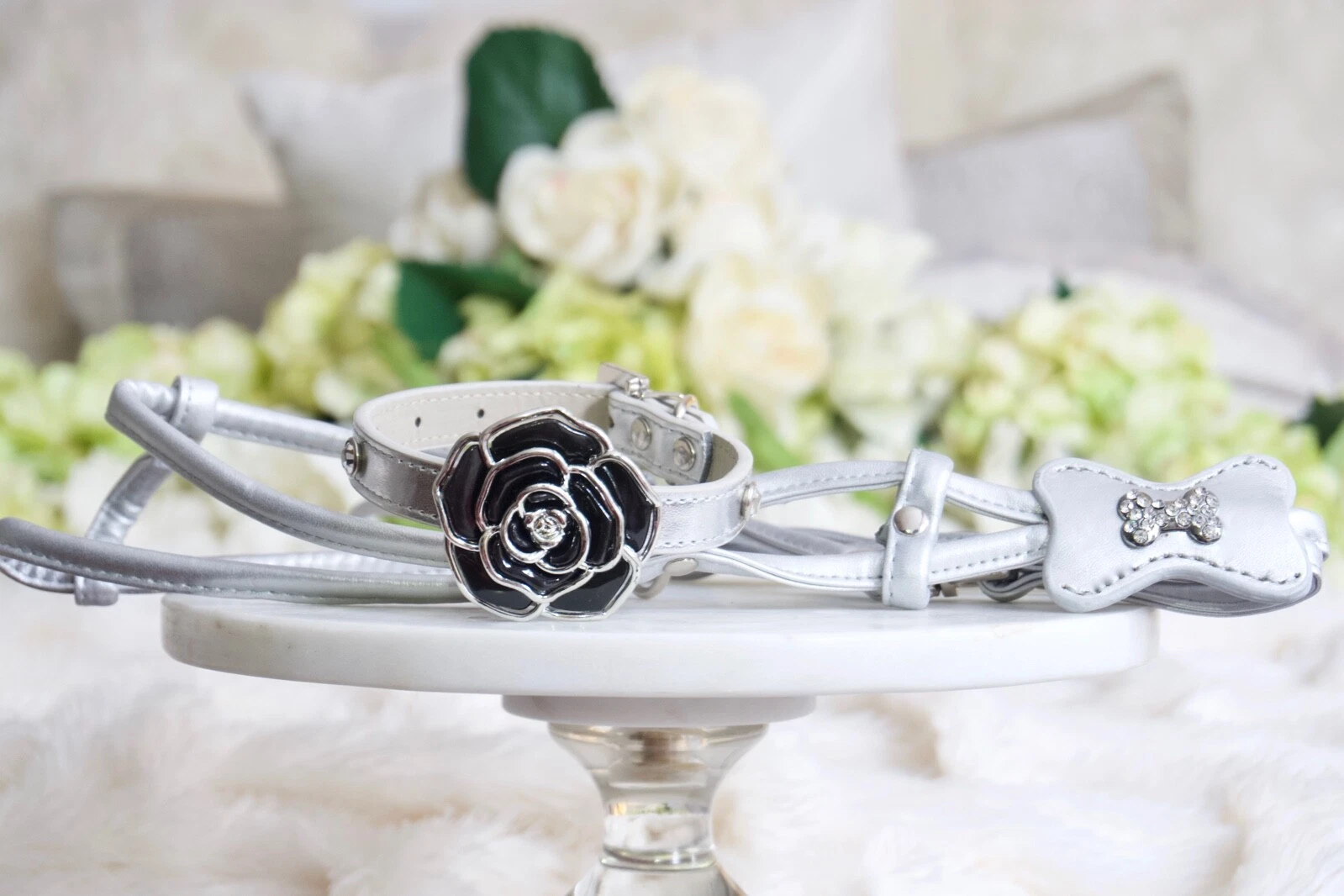 3 Piece Set Luxury Vegan Silver Rose Dog Collar Harness Leash Enchanted Pets
