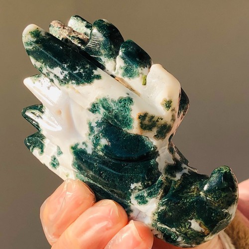 364g Natural Brazil Moss Agate Quartz Crystal Dragon HeadHand Caved Mineral F522
