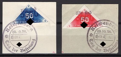 Sudetenland 1938 - Reichenberg, Nr. 44-45 A, Briefstücke mit Handstempel, Attest - Bild 1 von 2