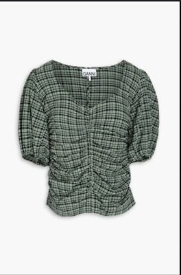 GANNI Green Multi Stretch Check Seersucker Top Blouse SZ 40