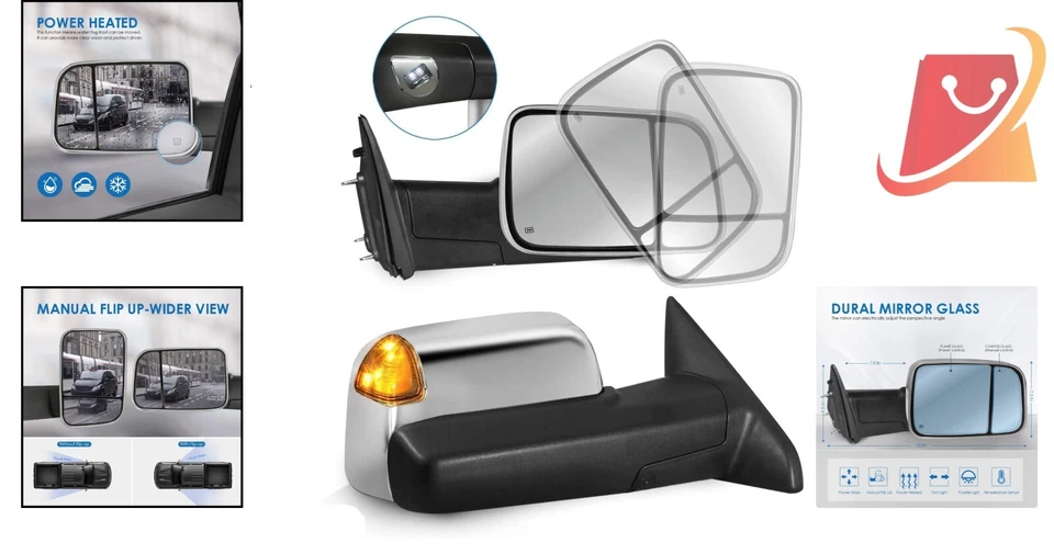 Power Heated Towing Mirrors Chrome Pair LED Signal Puddle Lights Compatible Fit - Imagem 2 de 4
