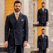 Summer Linen Men's Suits Black 2Pcs Prom Party Blazer Evening Formal Tuxedos