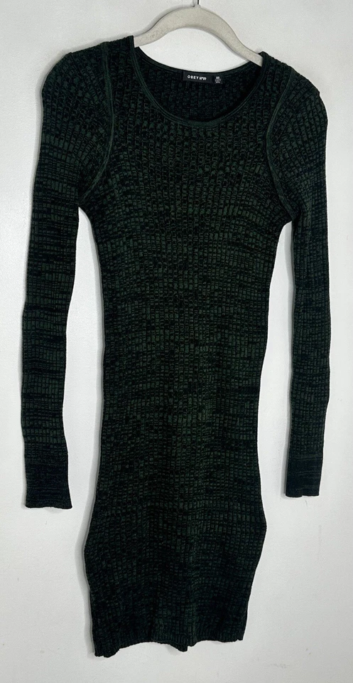 Obey Dress Womens Green Ribbed Hanna Sweater Long Sleeve Mini Bodycon Sz XS — 第 2/4 张图片