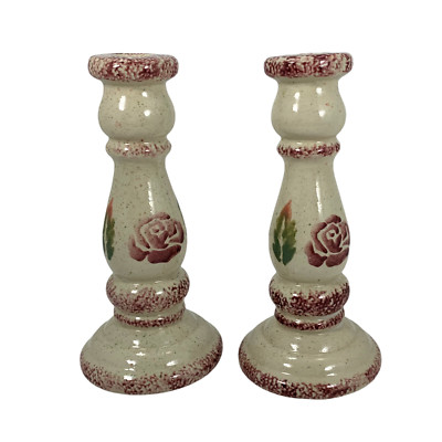 Wangs International Red Rose Sponge Taper Candle Holder Set of 2 Vintage 1980