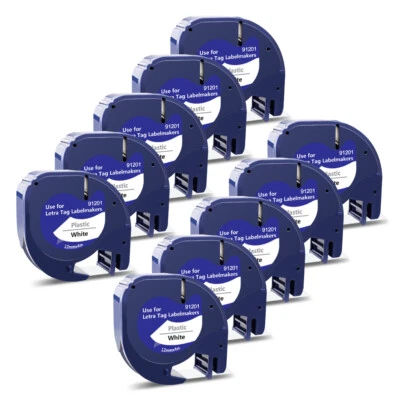 AIRMALL 10PK Label Tape 91201 12mm Plastic Replace Dymo Letra Tag Cartridge LT-100H 100T