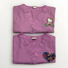 Lot Of 2 Bright Pink Dickies Scrub Tops With Patches Size XS/S Kitty  Heart