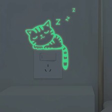 SLEEPY CAT GREEN Glow In The Dark Wall Sticker Light Switch Plug Socket Decal