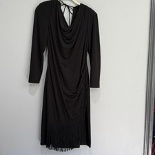 Vintage Rimini Black Fringe Cowl Neck Midi Dress Long Sleeve Open Back Size 10