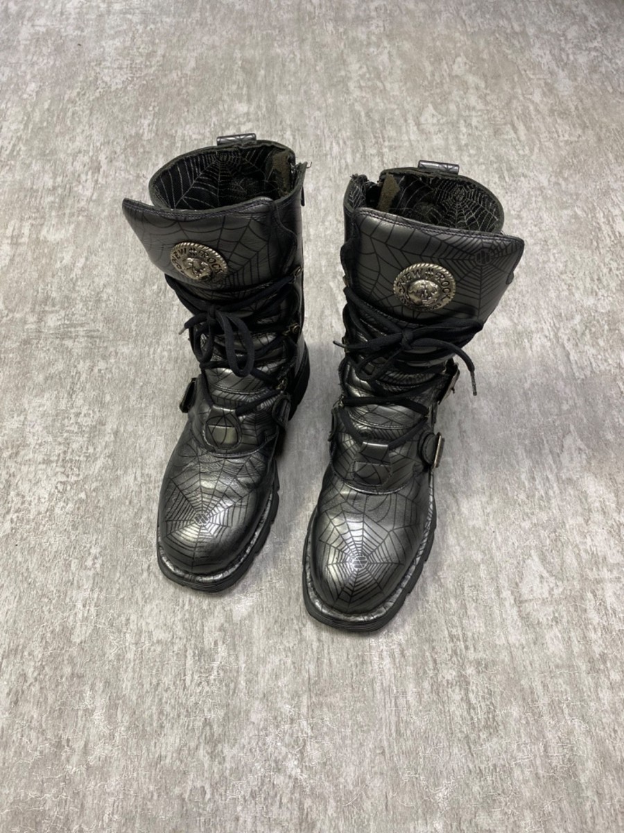 Vintage New Rock Boots Silver Spider Web Goth Cyberpunk Y2K Size