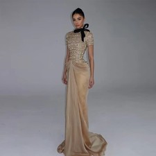Sparkling Champagne Evening Dress Short Sleeve Ruffle Lace Layered Ball Gown