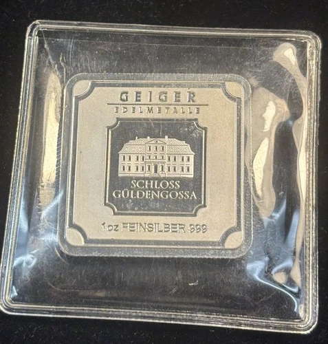 Geiger Edelmetalle 1 oz .999 Fine Silver Square Bar Schloss Guldengossa RAW