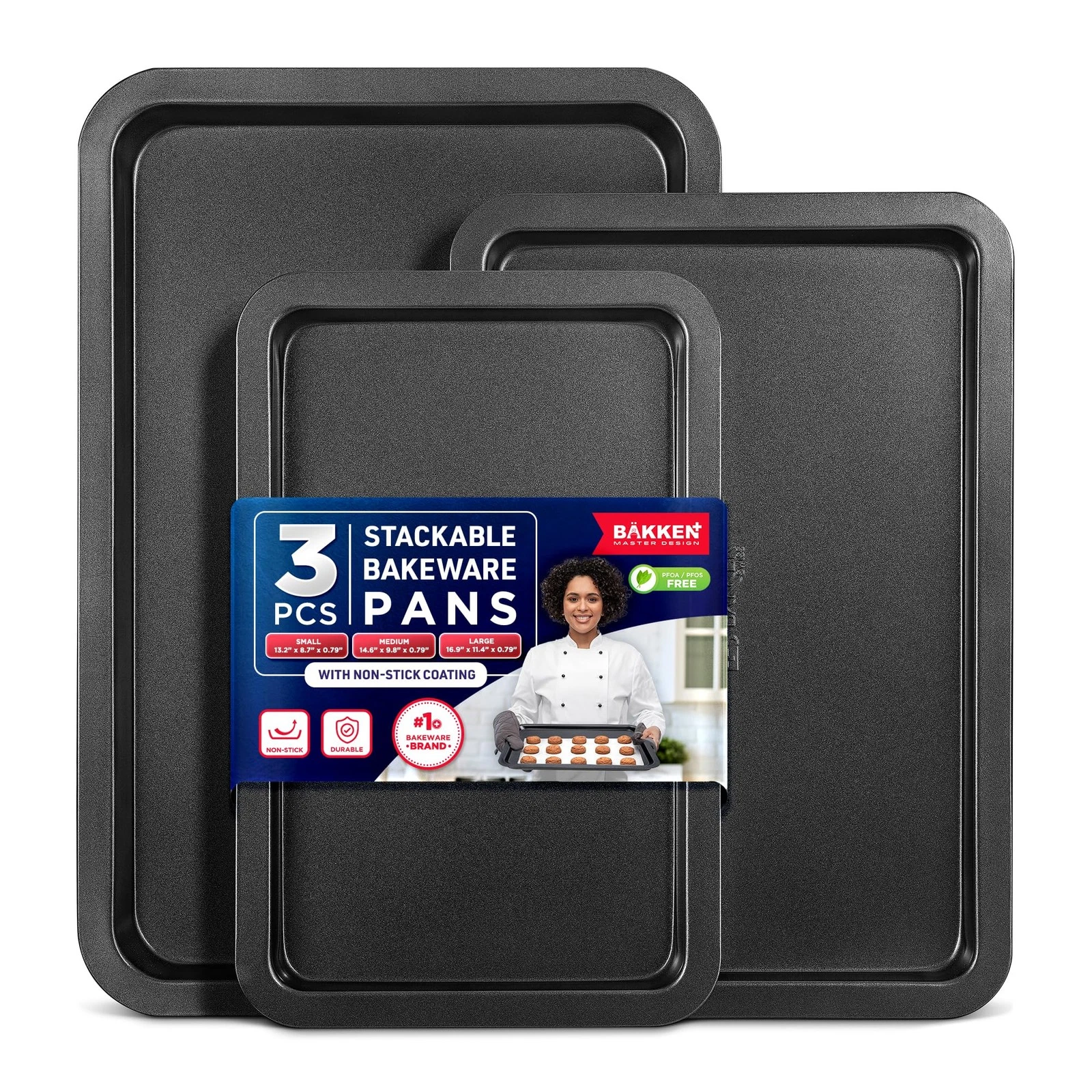 Nonstick Bakeware Set of 3 Durable Carbon Steel Baking Pans with Silicone Han...