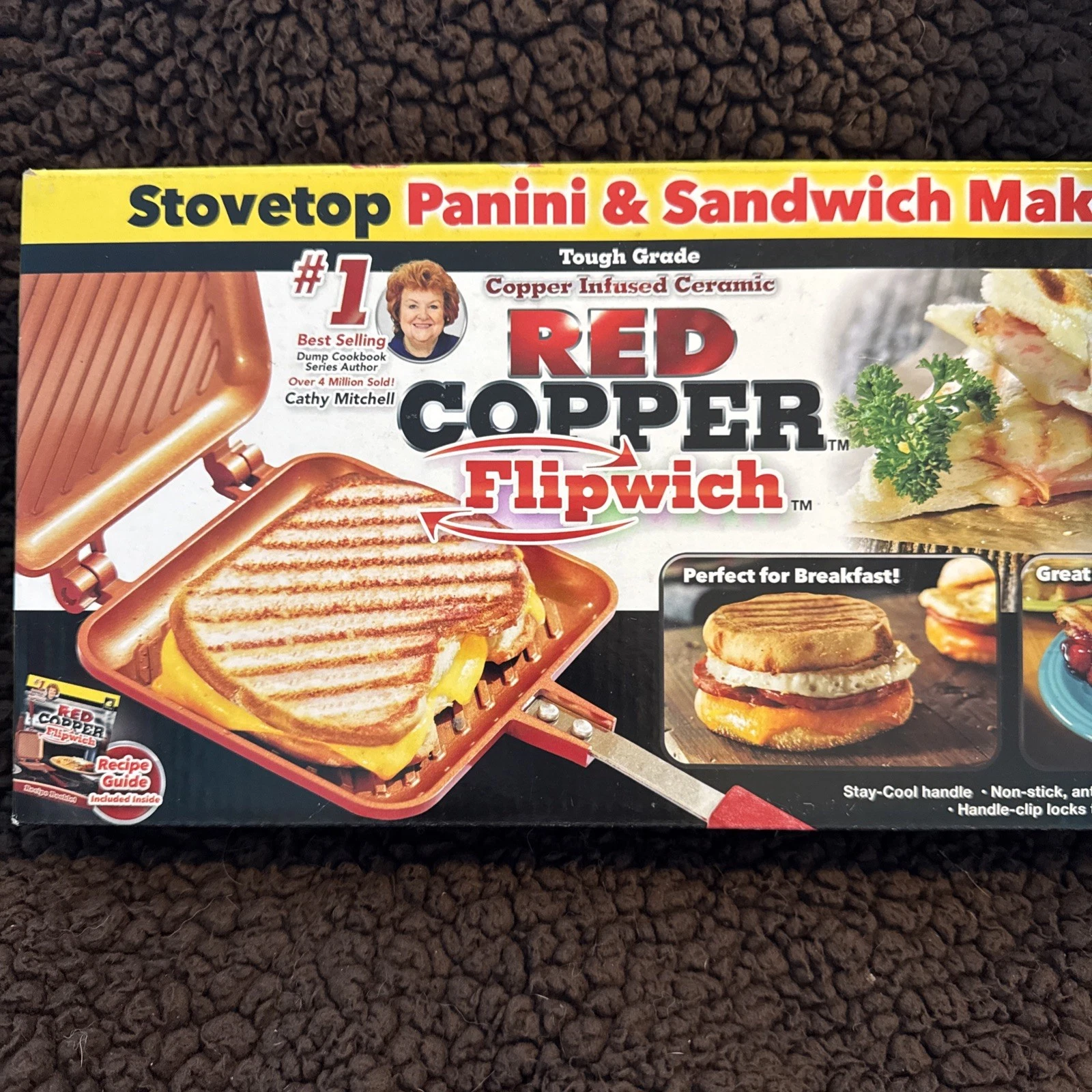 New Red Copper Flipwich Copper Infused Ceramic Stove Top Panini Maker