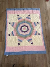 Vintage Lone Star Quilt Handmade Pink Blue 68” X 86” Twin