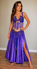 Purple Professional Belly Dance Costume Beaded Fringe Bra Belt Skirt Set Sm-Med.