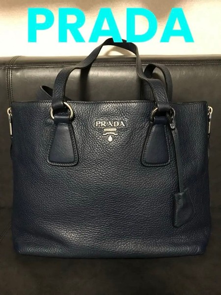 PRADA Vitello Leather Navy Tote Bag with Side Zippers Authentic Vintage