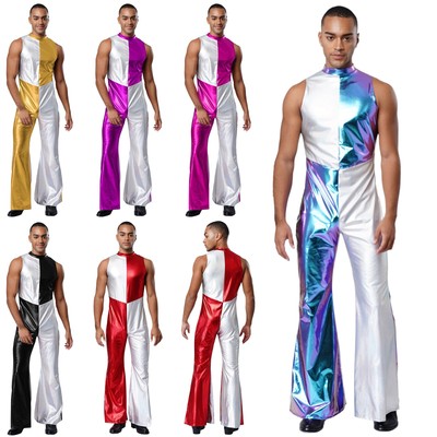 DE Herren Metallic Jumpsuit Glitzer 70er 80er Jahre Disco Party Overall Clubwear