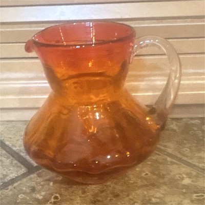 Unmarked Orange & Clear Glass Creamer Pitcher with Clear Handle