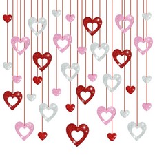 Valentines Decorations - Glitter Heart Day Hanging Red Pink Silver