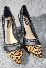 Nine West Leopard Print Studded Stiletto Pumps 4" Heel Calf Fur 8.5 NEW W/BOX 