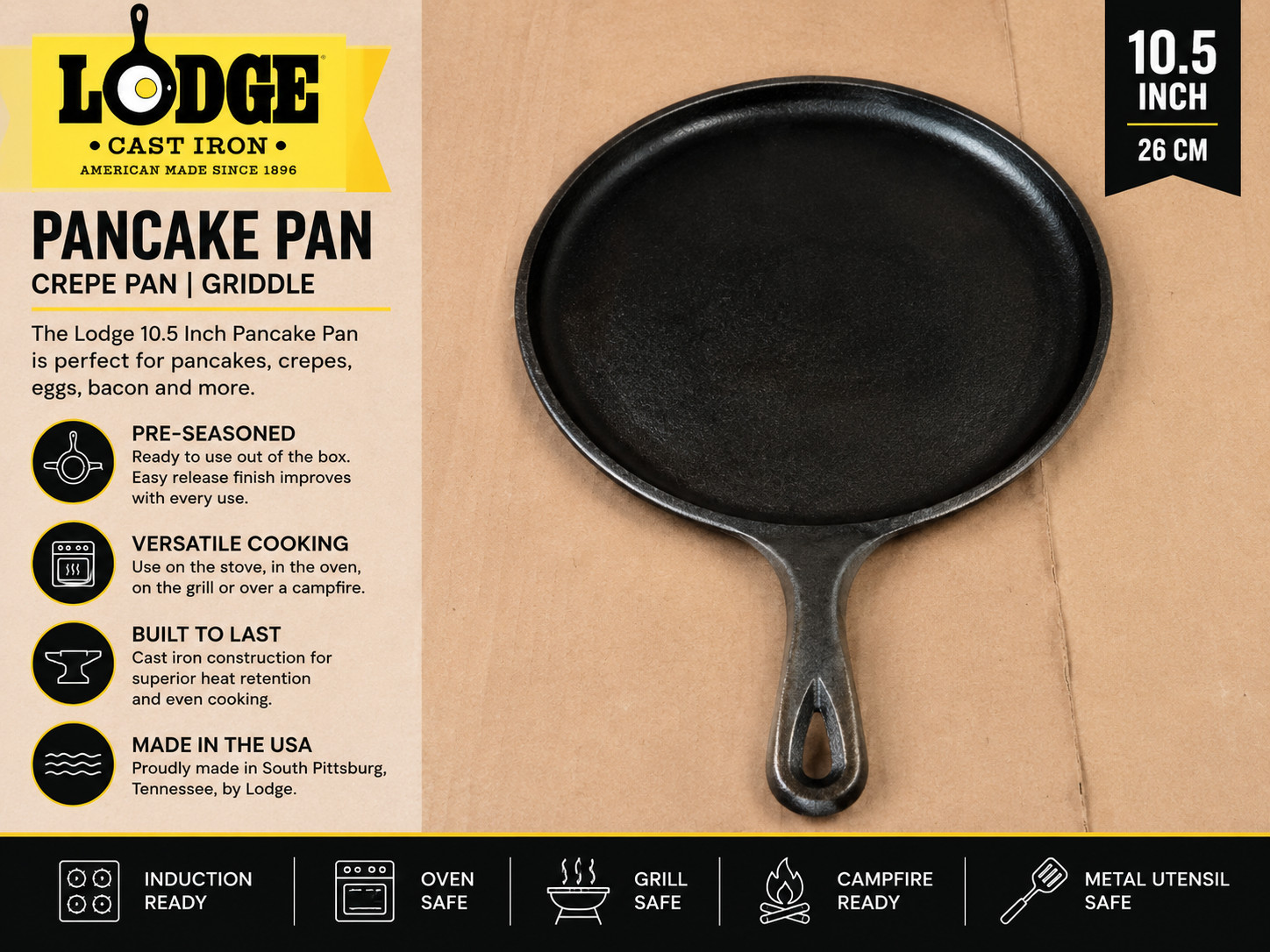 Lodge Pre Seasoned Cast Iron Pancake Pan Crepe Induction Frying 26cm 10.5in