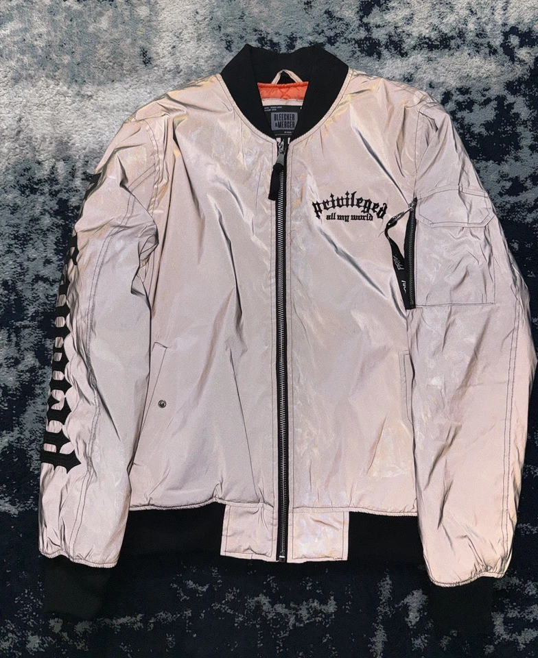 Bleecker & Mercer 特权反光轰炸机夹克男式大号银色全新 — 第 2/4 张图片