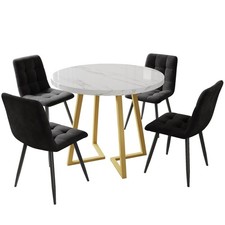 Round Dining Table and Chairs Set of 4 Black Velvet Padded Home Kitchen Chairs