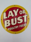 Vintage Ande Rooney LAY OR BUST POULTRY FEEDS Round Porcelain Metal Sign